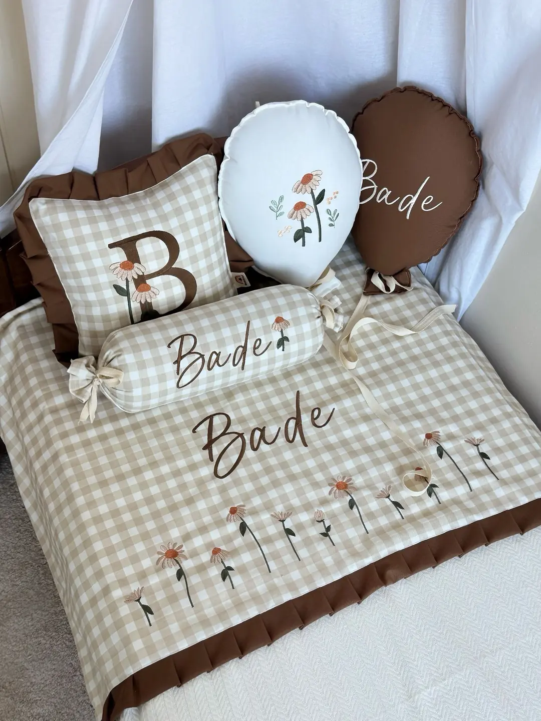 PİKE TAKIMI 5'Lİ FLORAL MAGİC BALONLU - BEJ PÖTİKARE- KOYU KAHVE FIRFIR