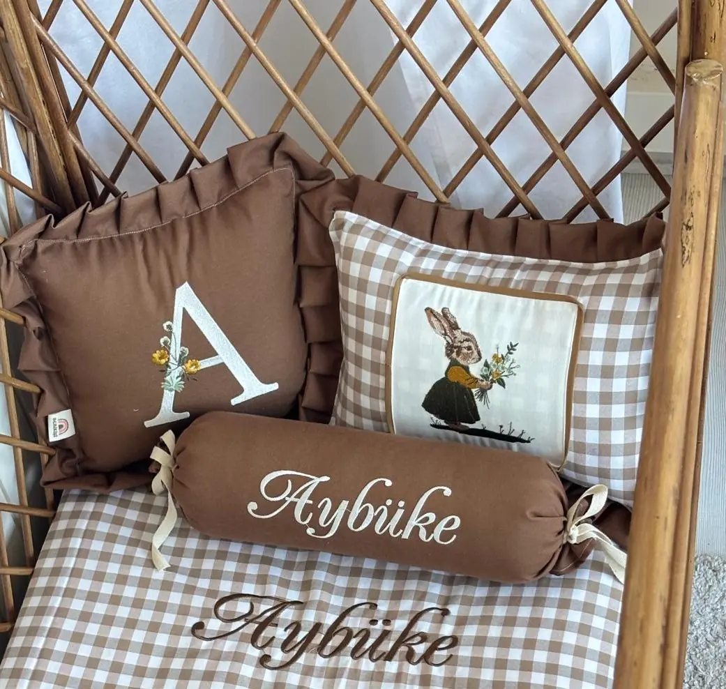 DEKORATİF 3'LÜ YASTIK TINY BUNNY - KOYU KAHVE- EKRU KIZ